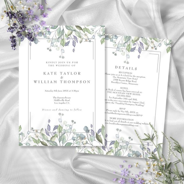Convites Sage e Lilac Floral Tudo Em Um Casamento (Sage And Lilac Floral All In One Wedding Invitation)
