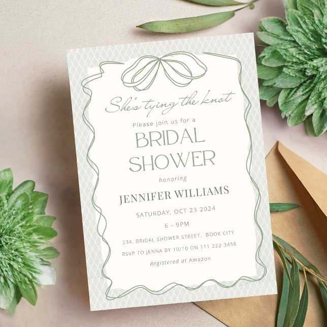 Convites Sage, ela é Casando de Chá de panela (Sage She's Tying the Knot Lace Bridal Shower Invitation)