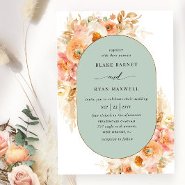 Convites Sage Elegante, Blush Peach e Casamento Oval Creme