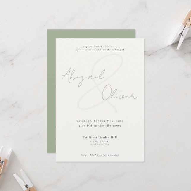 Convites Sage Elegante e Minimalista | Casamento Moderno e  (Frente/Verso In Situ)