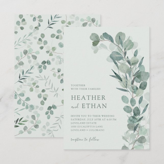 Convites Sage Elegante Moderno Eucalyptus Greenery Casament (Frente/Verso)