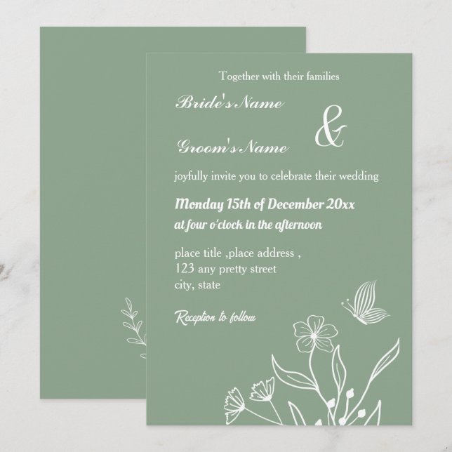 Convites Sage elegante romântico casamento floral verde (Frente/Verso)
