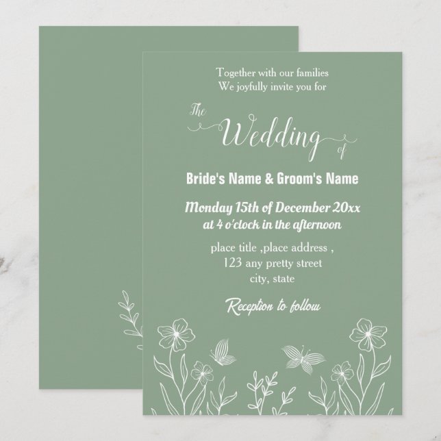 Convites Sage elegante romântico casamento floral verde (Frente/Verso)