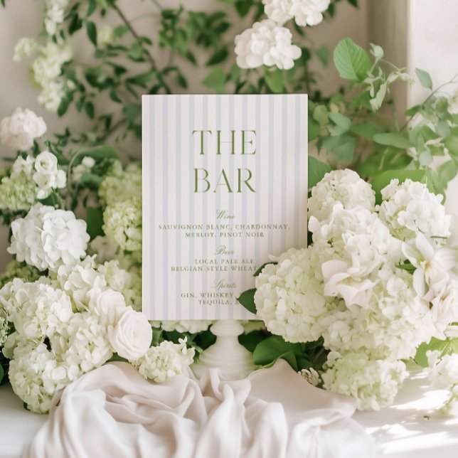 Convites Sage Elegante - Sinal de Bar de Casamento Verde e  (Elegant Sage Green & Blue Striped Wedding Bar Sign)