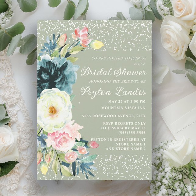 Convites Sage Emerald Green Pink Cream Chá de panela Floral (Sage green bridal shower invitation with pink, emerald green, and cream-colored floral
)