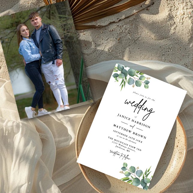Convites Sage Eucalypto Floresta Foto Casamento (Sage eucalyptus photo invitation adds woodland charm and beautifully shares your love story.)
