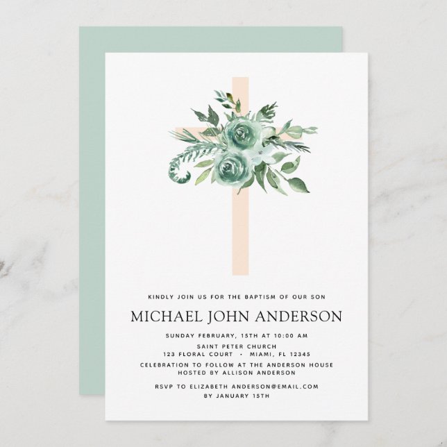 Convites Sage Eucalyptus Baptism Greenery Cross (Frente/Verso)