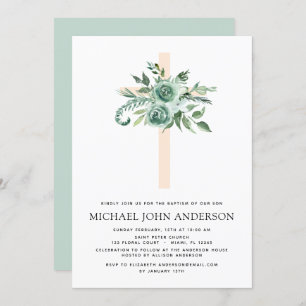 Convites Sage Eucalyptus Baptism Greenery Cross
