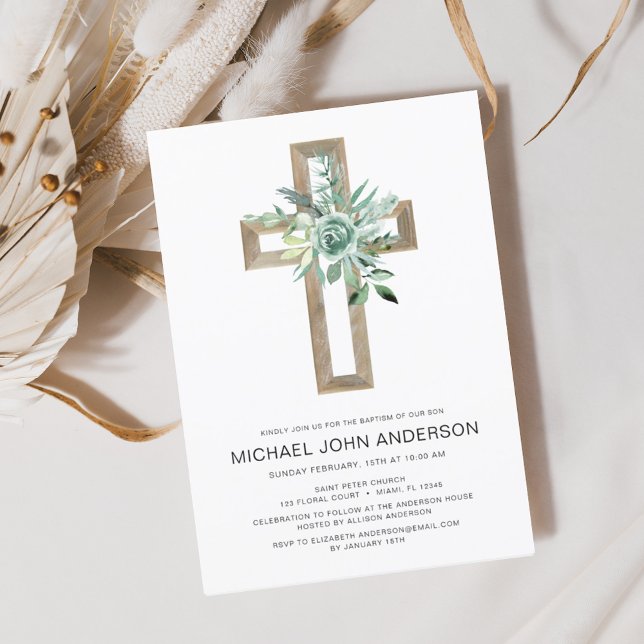 Convites Sage Eucalyptus Baptism Greenery Dourado Cross (Criador carregado)