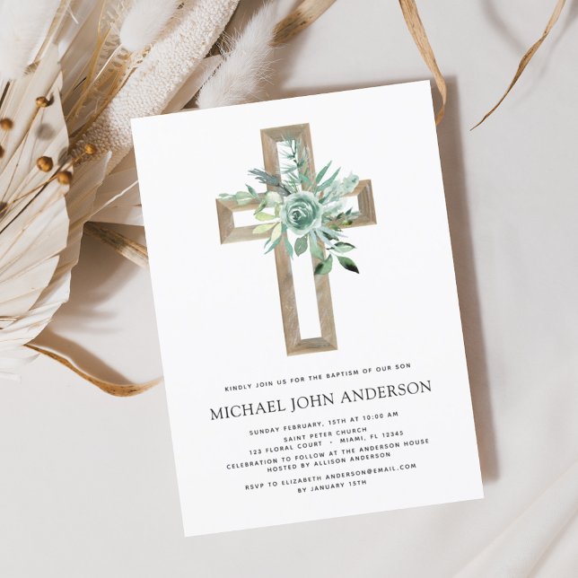 Convites Sage Eucalyptus Baptism Greenery Dourado Cross (Criador carregado)