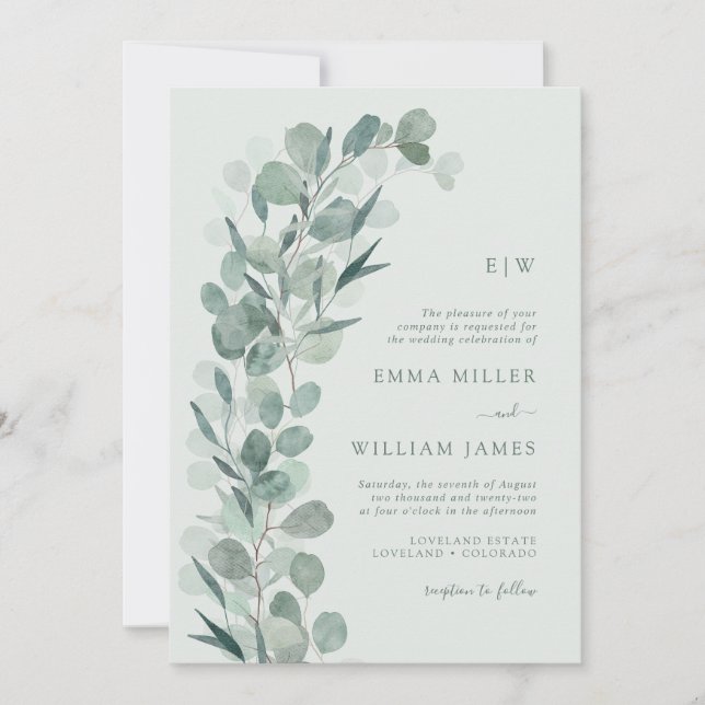 Convites Sage Eucalyptus Monogrammed Wedding (Frente)