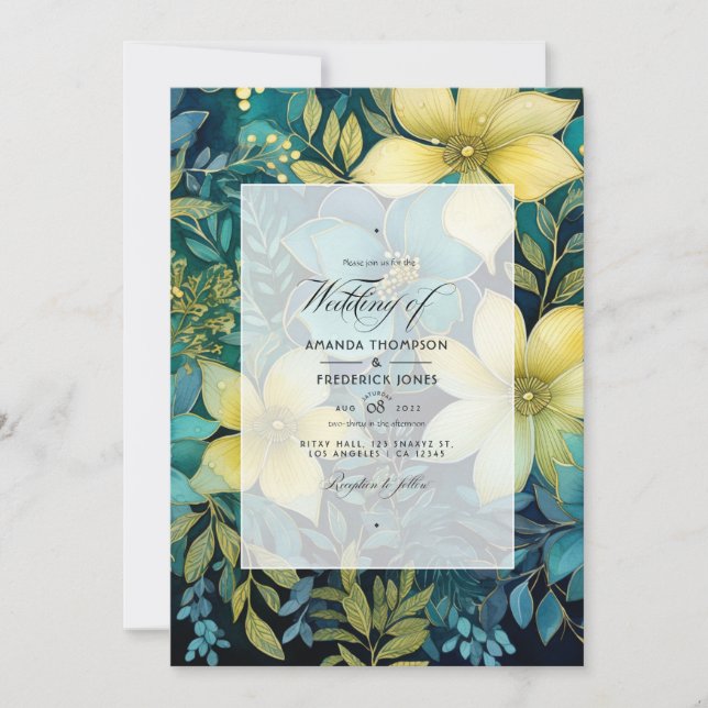 Convites Sage, Evergreen e Floral Dourado Casamento de Prim (Frente)