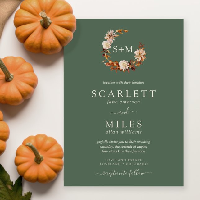 Convites Sage Fall Terracotta Monograma Wreath Casamento (Sage Fall Terracotta Monogram Wreath Wedding Invitation
)