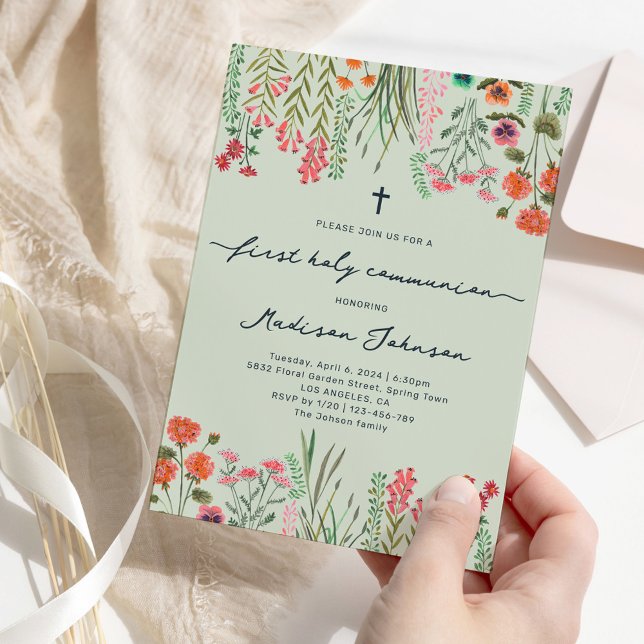 Convites Sage Flor Silvestre Verde Primeira Comunhão (Wildflower Sage Green First Holy Communion Invitation)