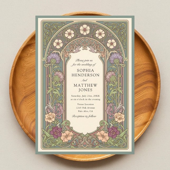 Convites Sage Floral Art Nouveau Wedding Invitation (Criador carregado)