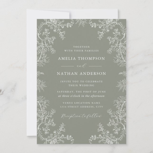 Convites Sage Floral Elegant Wedding  (Frente)