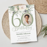 Convites Sage Floral Foto 60th Birthday<br><div class="desc">Sage Floral Foto 60º Convite de Aniversário. Um belo e elegante convite de design floral, que apresenta flores suaves e adoráveis. Este design permite adicionar uma foto da pessoa de aniversário e todos os detalhes são totalmente personalizáveis. Precisa de ajuda com este modelo? Entre em contato com o designer/criador clicando...</div>