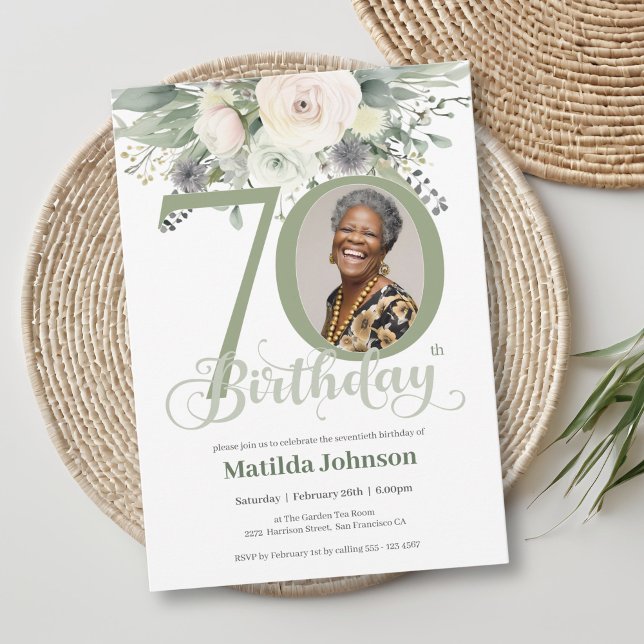 Convites Sage Floral Photo 70 Birthday (Sage Floral Photo 70th Birthday Invitation)