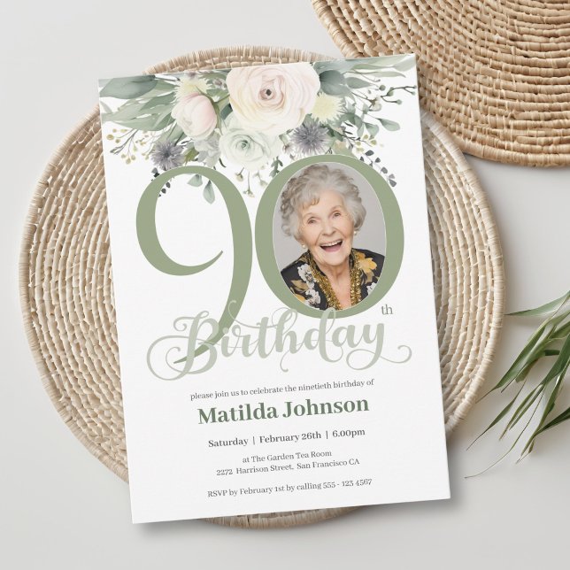 Convites Sage Floral Photo 90 Birthday (Sage Floral Photo 90th Birthday Invitation)
