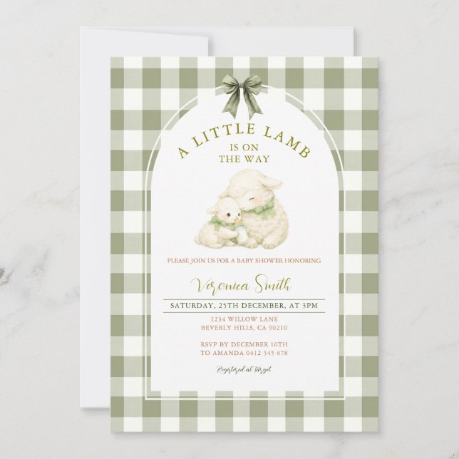 Convites Sage Gingham Bow Little Lamb Baby Shower  (Frente)