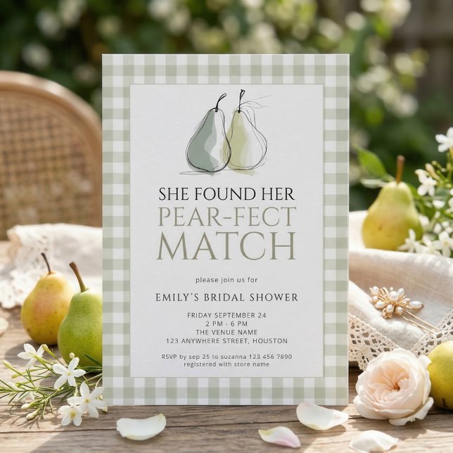 Convites Sage Gingham Pears Pear-fect Match Bridal Shower (Criador carregado)