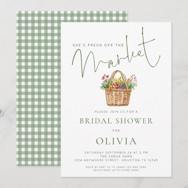 Convites Sage Gingham She’s off the Market Bridal Shower (Frente/Verso)