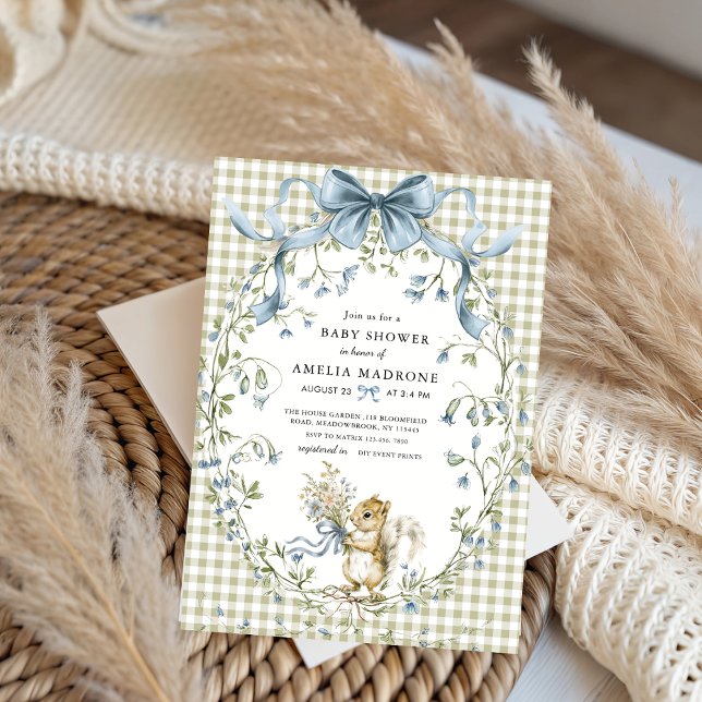 Convites Sage Gingham Woodland Squirrel Baby Shower (Criador carregado)