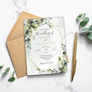 Convites Sage gold eucalyptus geometric A5 wedding invite