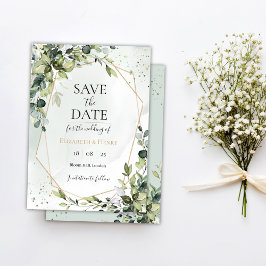 Convites Sage gold eucalyptus geometric wedding save date