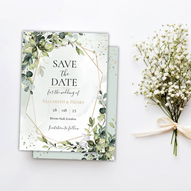 Convites Sage gold eucalyptus geometric wedding save date (Criador carregado)