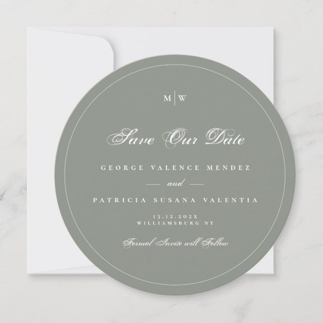 Convites Sage Gray White Elegant Round Photo Save The Date (Frente)
