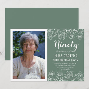 Convites Sage Green 90 Ninety Floral Elegant Birthday