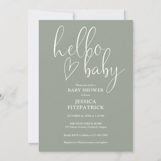Convites Sage Green All In One QR Code Hello Baby Shower (Frente)