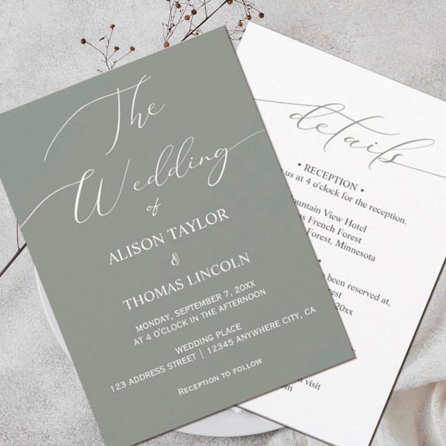 Convites Sage Green and White Calligraphy Simple All In One (#simplelightgreen #allinone#romantic #modern #weddinginvitation)