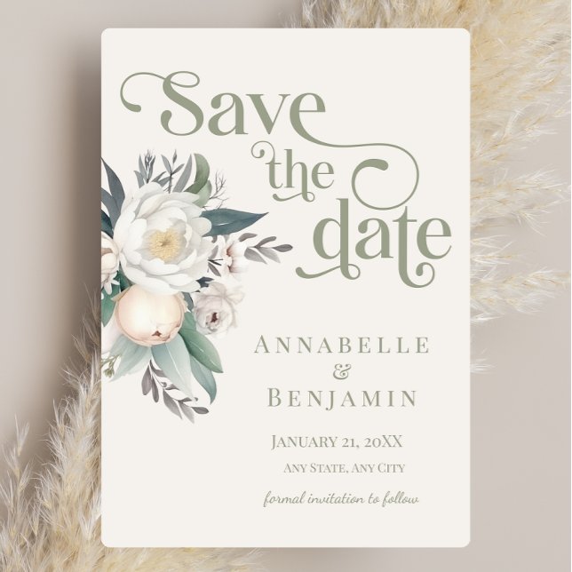 Convites Sage Green and White Floral Save Date (Salve a dat (Criador carregado)