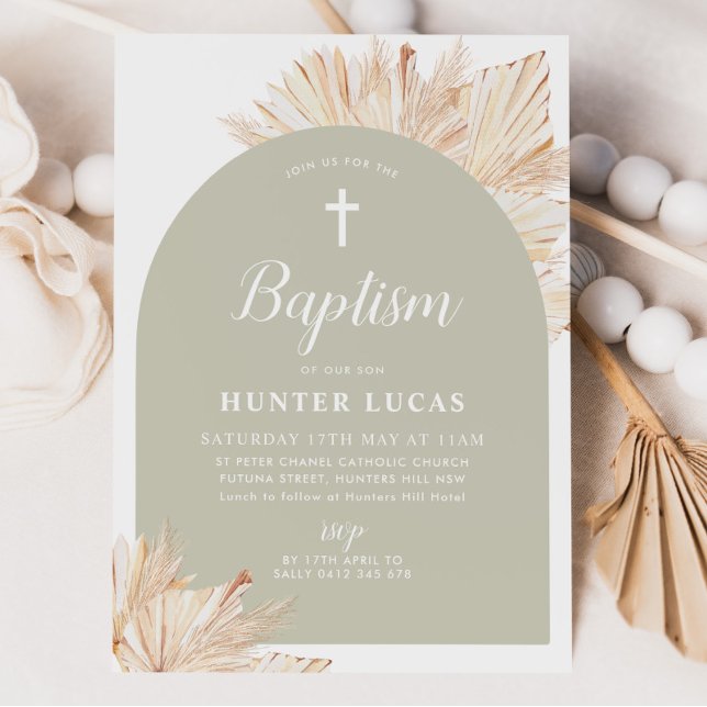 Convites Sage Green Arch Boho Floral Boys Baptism (Sage Green Boho Baptism Invitation)