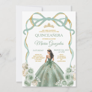 Convites Sage Green Arco Princesa Dourada Quinceañera