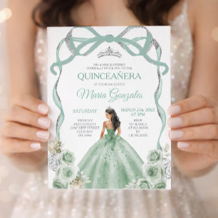 Convites Sage Green Arco Princesa Silver Crown Quinceañera