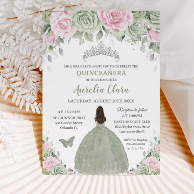 Convites Sage Green Baby Pink Floral Silver Quinceañera (Criador carregado)