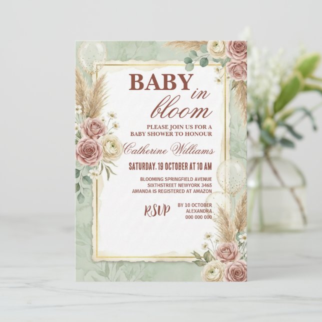 Convites Sage Green Balloons Floral Baby Shower (Em pé/Frente)