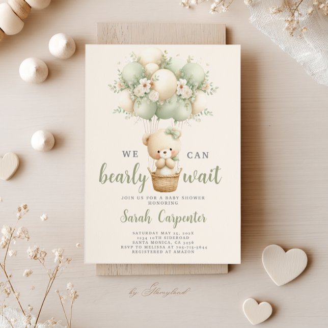Convites Sage Green Bear Baby Shower Boy Invitation (Criador carregado)
