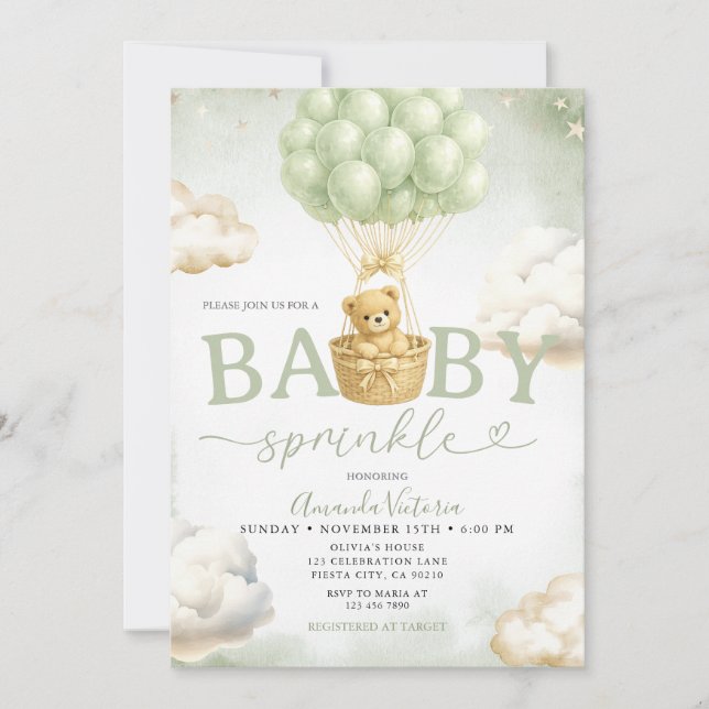 Convites Sage Green Bear Cloud Balloon Baby Shower (Frente)