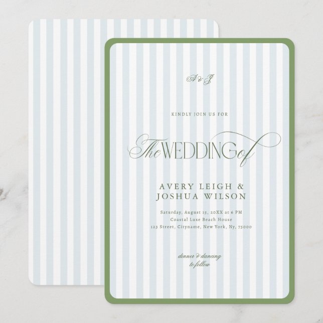 Convites Sage Green & Blue Border Coastal Stripes Wedding (Frente/Verso)