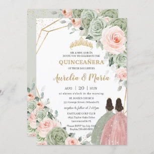 Convites Sage Green Blush Dourado Quinceañera Gêmeos Florai