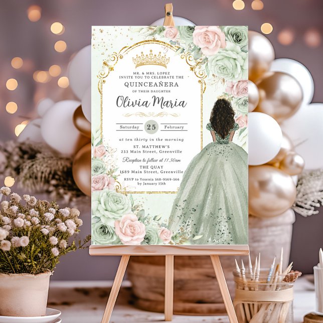 Convites Sage Green Blush Floral Brown Girl Quinceañera (sage green blush pink floral flowers gold quinceanera brown black curly hair girl sweet 16 invites)