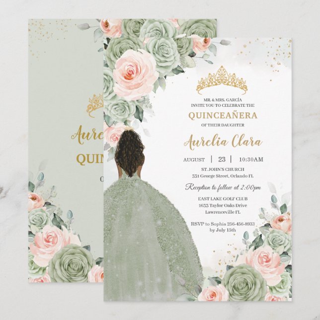 Convites Sage Green Blush Floral Dourada Quinceañera Sweet  (Frente/Verso)