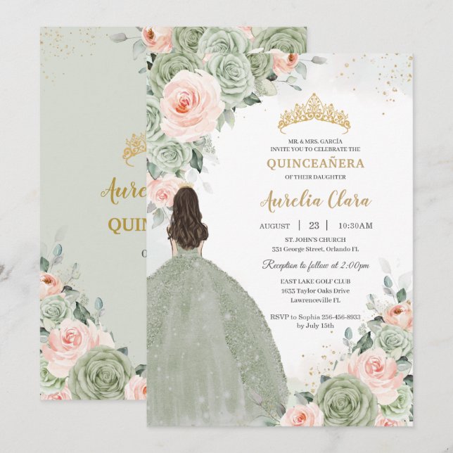 Convites Sage Green Blush Floral Dourada Quinceañera Sweet  (Frente/Verso)