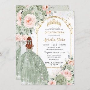 Convites Sage Green Blush Floral Dourada Quinceañera Sweet