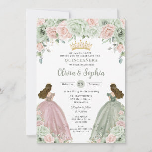 Convites Sage Green Blush Floral Twls Quinceañera