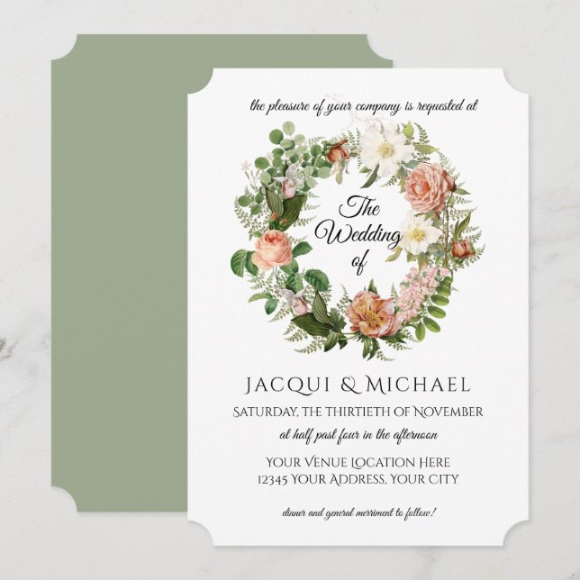 Convites Sage Green Blush Ivory Rosas w Fern Wreath Casamen (Frente/Verso)